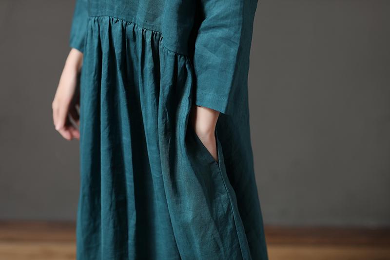 Round Neck Hollow Cotton Linen Green Loose Women Dress