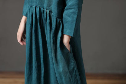 Round Neck Hollow Cotton Linen Green Loose Women Dress