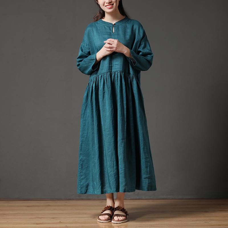 Round Neck Hollow Cotton Linen Green Loose Women Dress