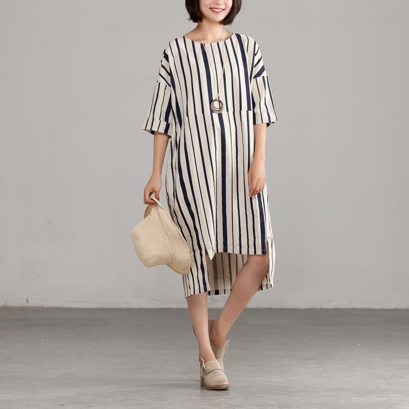 Round Neck Linen Cotton Stripe Loose Dress