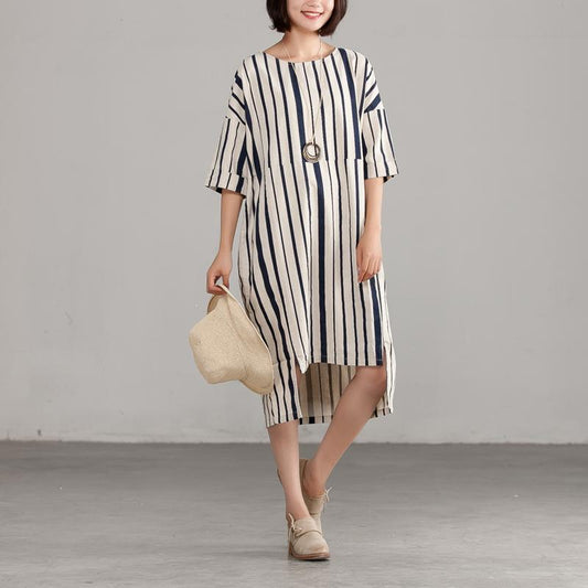 Round Neck Linen Cotton Stripe Loose Dress