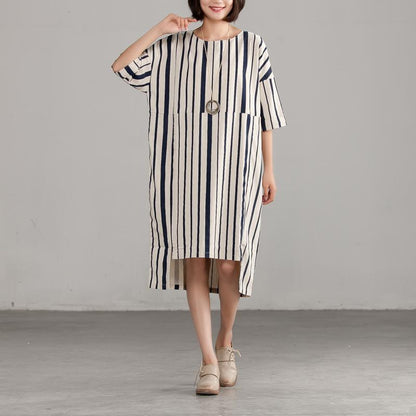 Round Neck Linen Cotton Stripe Loose Dress