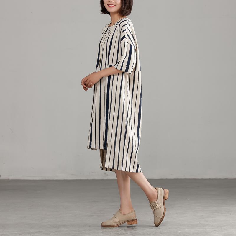 Round Neck Linen Cotton Stripe Loose Dress