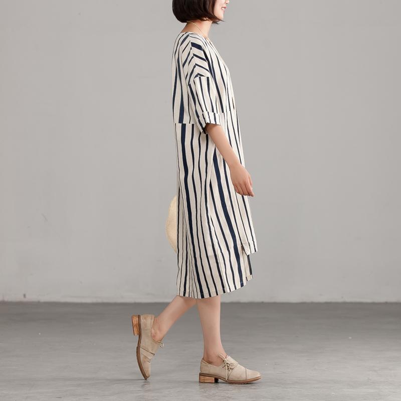 Round Neck Linen Cotton Stripe Loose Dress