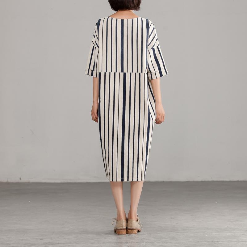 Round Neck Linen Cotton Stripe Loose Dress