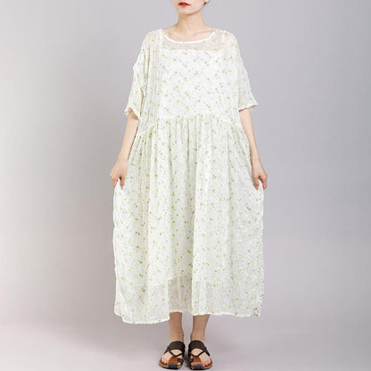 Round Neck Print Floral Pleated Short Sleeve Dress