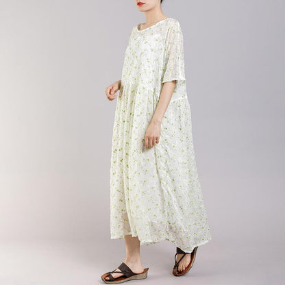 Round Neck Print Floral Pleated Short Sleeve Dress
