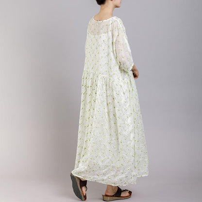 Round Neck Print Floral Pleated Short Sleeve Dress