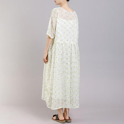 Round Neck Print Floral Pleated Short Sleeve Dress