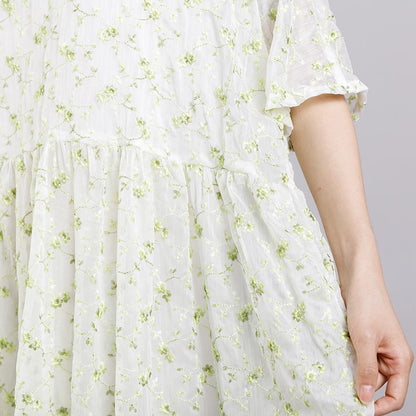 Round Neck Print Floral Pleated Short Sleeve Dress