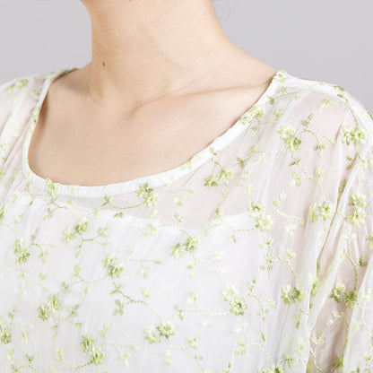Round Neck Print Floral Pleated Short Sleeve Dress