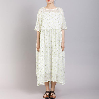 Round Neck Print Floral Pleated Short Sleeve Dress