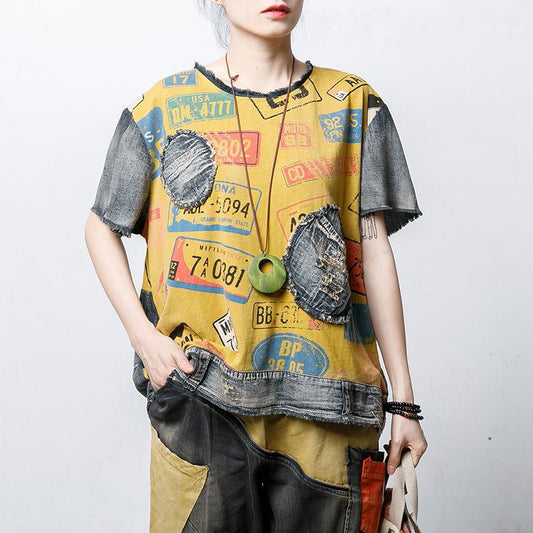 Round Neck Vintage Patch Designs Spliced Blouse