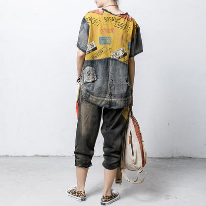 Round Neck Vintage Patch Designs Spliced Blouse