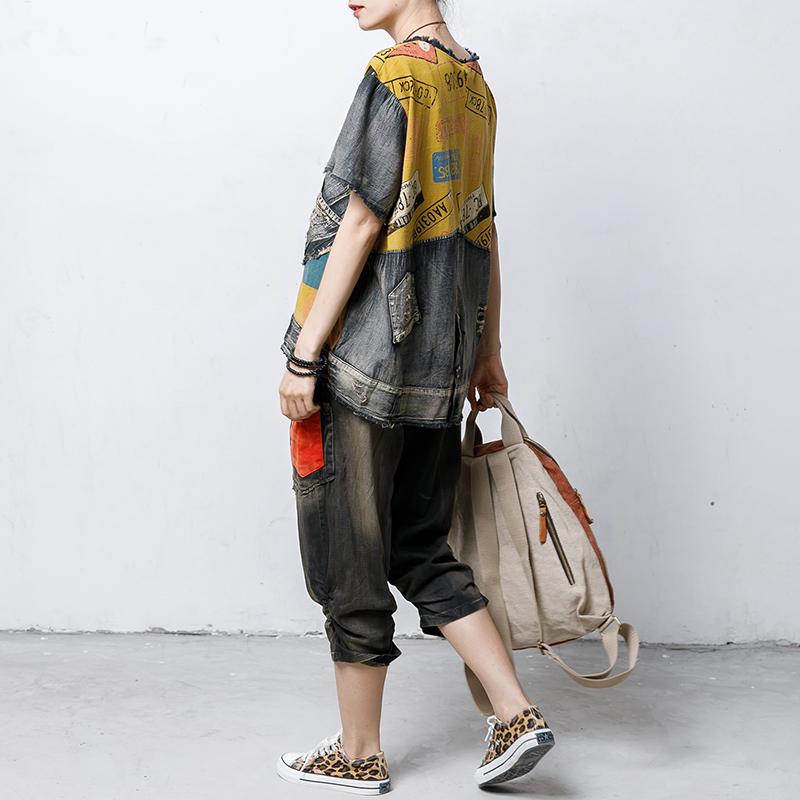 Round Neck Vintage Patch Designs Spliced Blouse