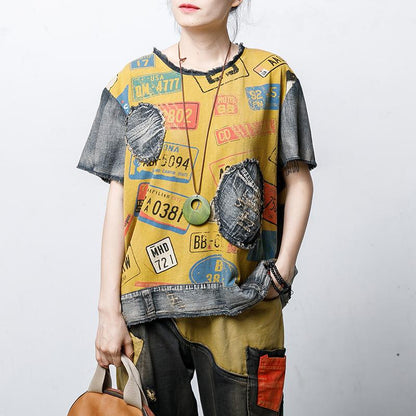 Round Neck Vintage Patch Designs Spliced Blouse