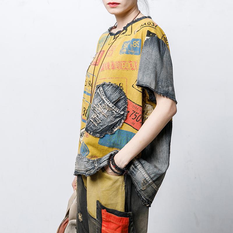 Round Neck Vintage Patch Designs Spliced Blouse