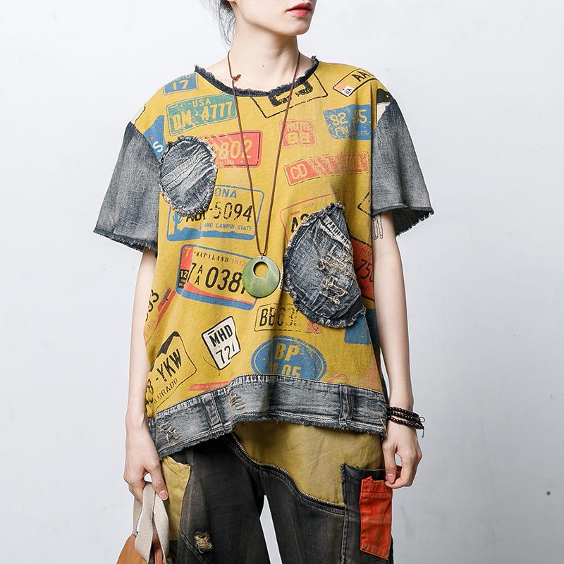 Round Neck Vintage Patch Designs Spliced Blouse