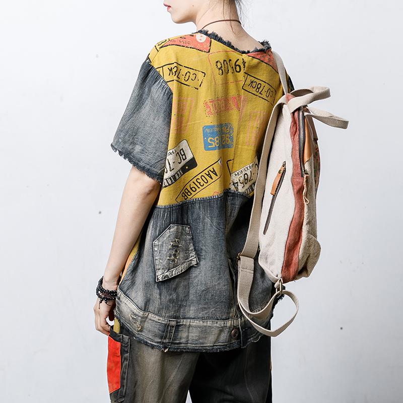 Round Neck Vintage Patch Designs Spliced Blouse