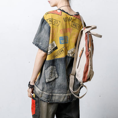 Round Neck Vintage Patch Designs Spliced Blouse