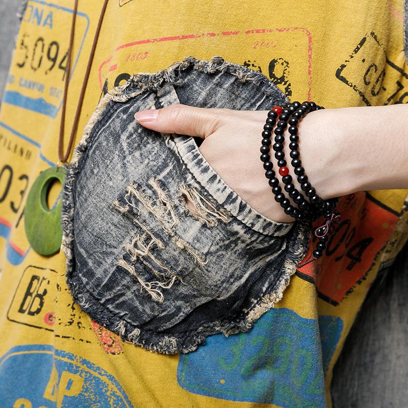 Round Neck Vintage Patch Designs Spliced Blouse