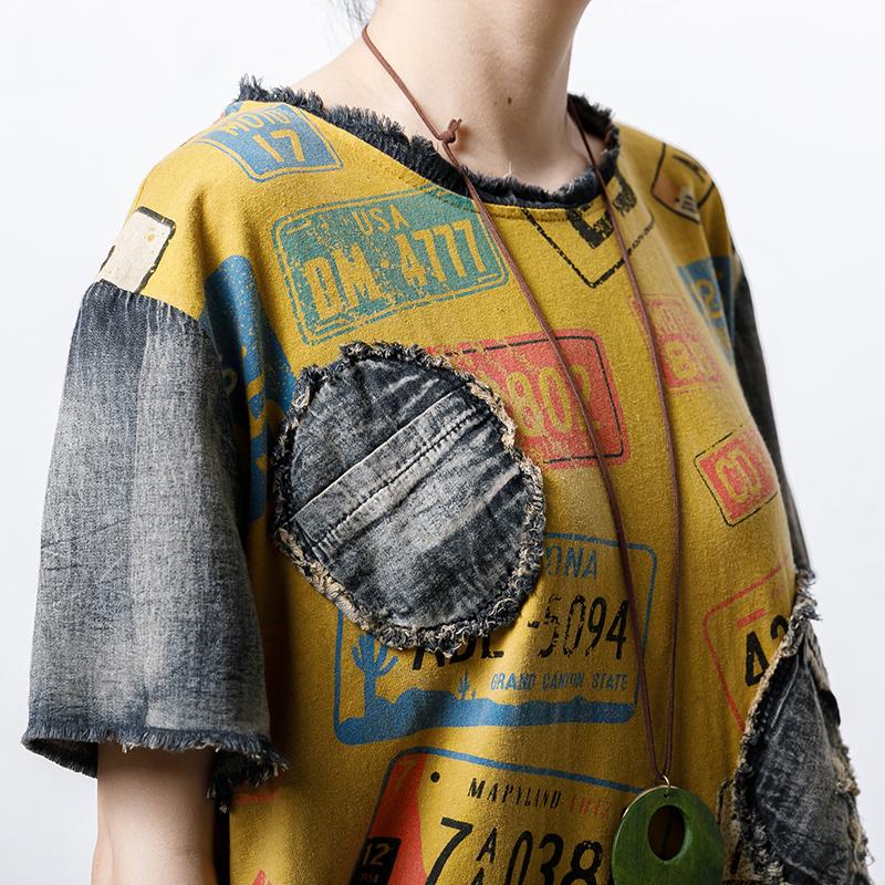 Round Neck Vintage Patch Designs Spliced Blouse