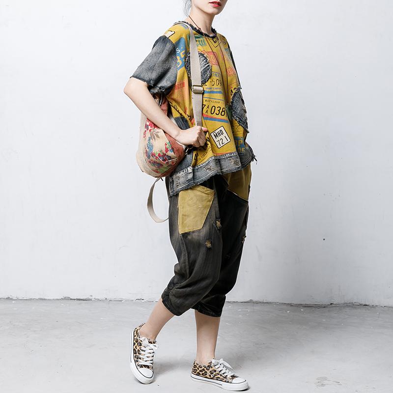 Round Neck Vintage Patch Designs Spliced Blouse