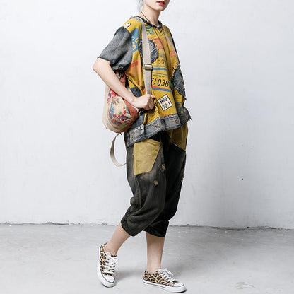 Round Neck Vintage Patch Designs Spliced Blouse