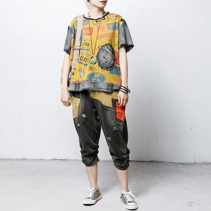 Round Neck Vintage Patch Designs Spliced Blouse