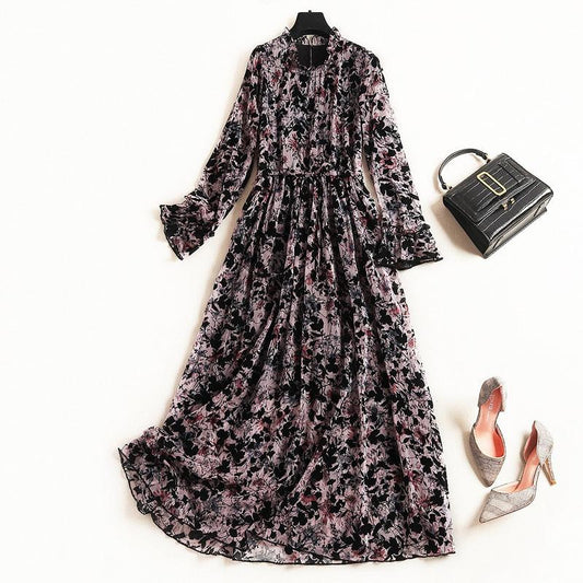 Ruffle-Neck Floral Printed Long Sleeve Maxi Dress