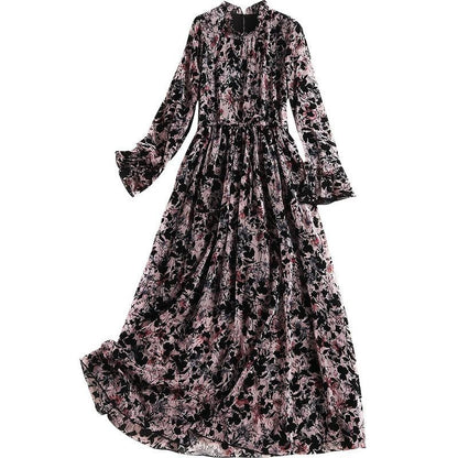Ruffle-Neck Floral Printed Long Sleeve Maxi Dress