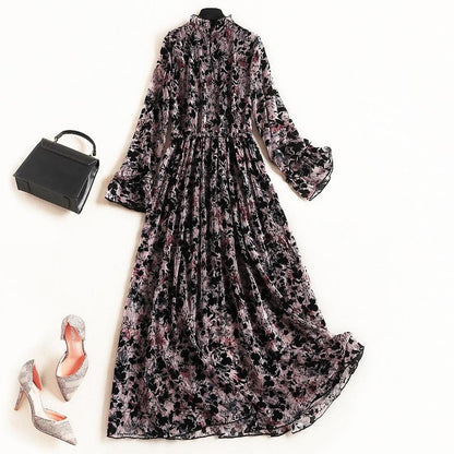 Ruffle-Neck Floral Printed Long Sleeve Maxi Dress