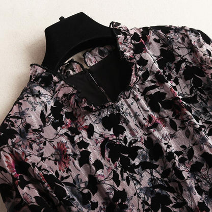 Ruffle-Neck Floral Printed Long Sleeve Maxi Dress