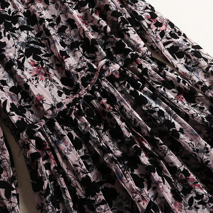 Ruffle-Neck Floral Printed Long Sleeve Maxi Dress