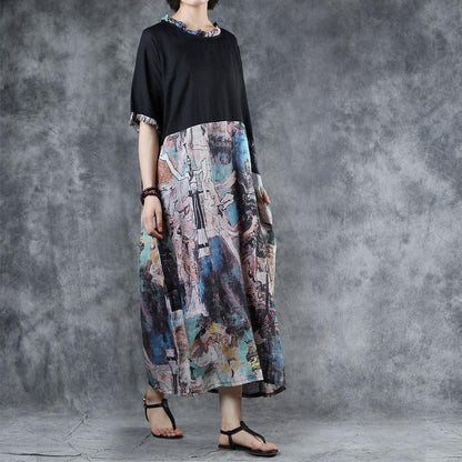 Ruffle Collar Spliced Printed Loose Dress