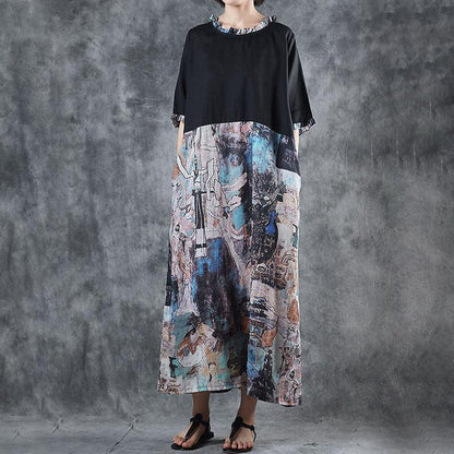 Ruffle Collar Spliced Printed Loose Dress