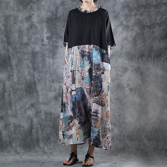 Ruffle Collar Spliced Printed Loose Dress