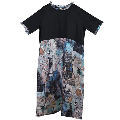 Ruffle Collar Spliced Printed Loose Dress