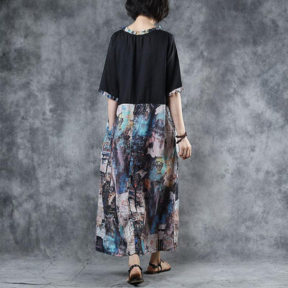 Ruffle Collar Spliced Printed Loose Dress