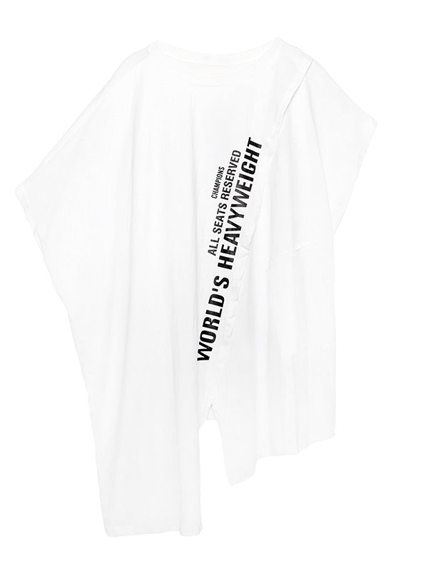 CROPPED LETTER PRINT SPLIT-FRONT ROUND-NECK T-SHIRT