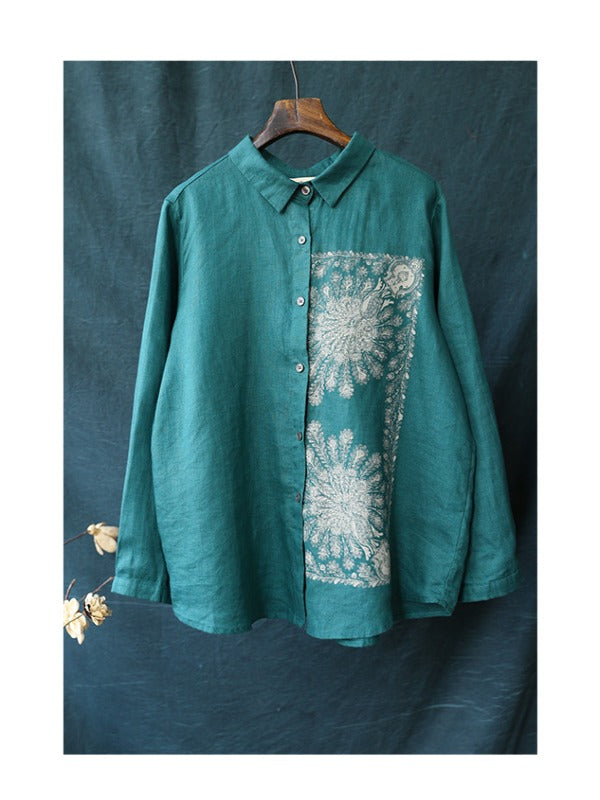 LOOSE CASUAL CROPPED PRINT LAPEL SHIRT