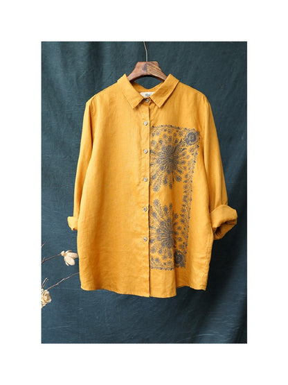 LOOSE CASUAL CROPPED PRINT LAPEL SHIRT