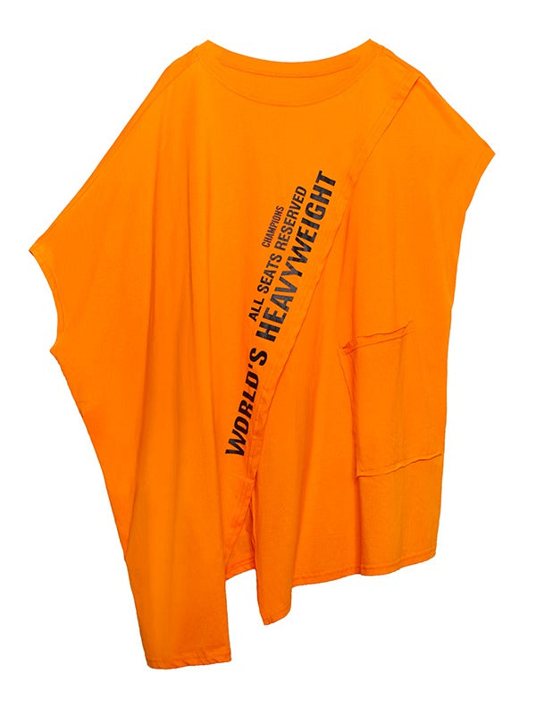 CROPPED LETTER PRINT SPLIT-FRONT ROUND-NECK T-SHIRT