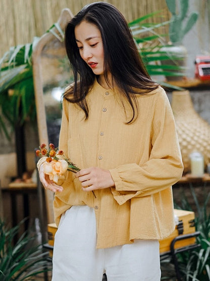 SOLID LOOSE PLEATED STAND COLLAR SHIRT