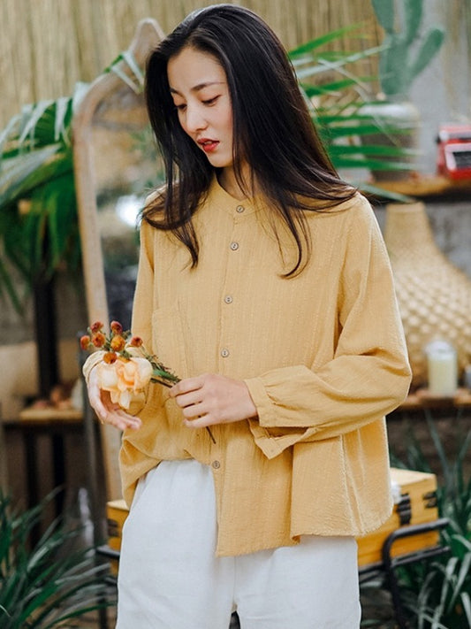 SOLID LOOSE PLEATED STAND COLLAR SHIRT