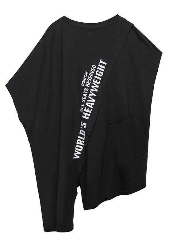 CROPPED LETTER PRINT SPLIT-FRONT ROUND-NECK T-SHIRT