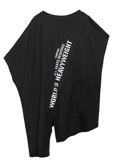 CROPPED LETTER PRINT SPLIT-FRONT ROUND-NECK T-SHIRT