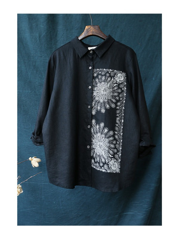 LOOSE CASUAL CROPPED PRINT LAPEL SHIRT