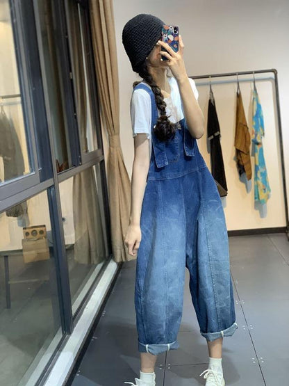 Vintage Gradient Split-Joint Denim Overalls