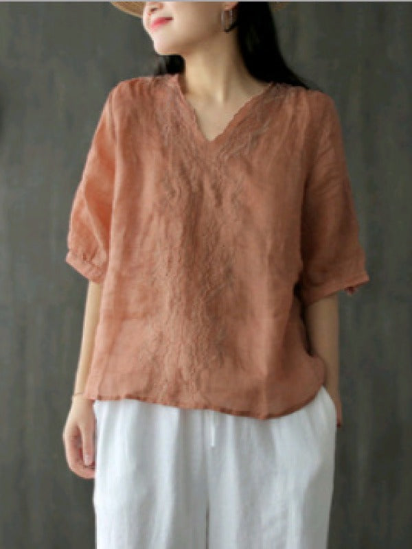 RAMIE LOOSE EMBROIDERED SOLID V-NECK SHIRT